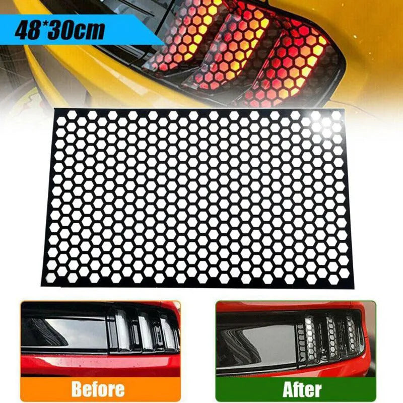 Ten honeycomb-patterned car taillight stickers in three colour options on 48cm by 30cm vinyl sheets