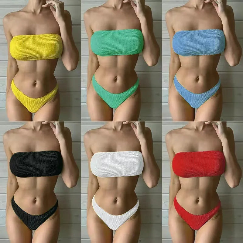 Women's solid colour snake cloth tube top and high-waist bikini briefs on a white background.