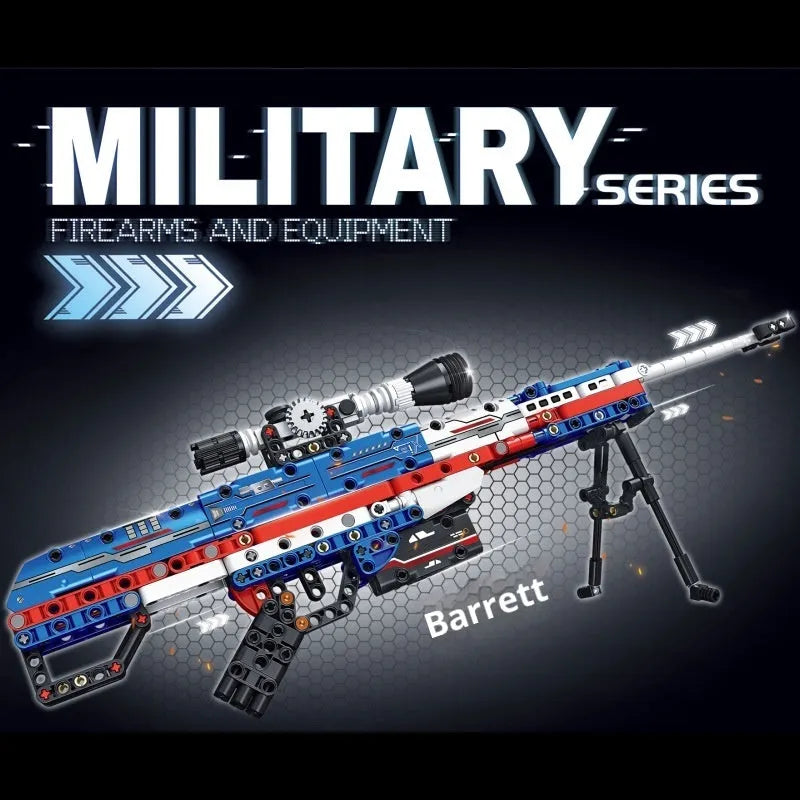 Patriotic Barrett sniper rifle building block toy set with red and gold small particle plastic bricks and rubber parts