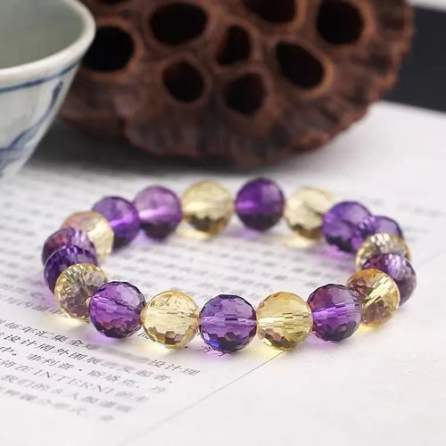 128-facet cut crystal bracelet in amethyst, ametrine, or citrine with selectable bead diameters