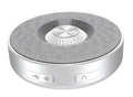 Mini wireless Bluetooth speaker in black, orange, and silvery white colour options.
