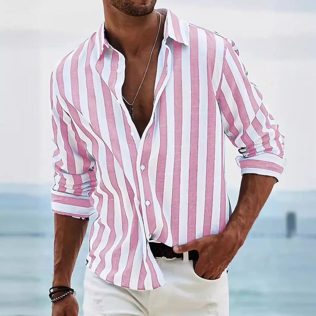 Men's yarn-dyed striped casual shirt in polyester with loose fit and long sleeves