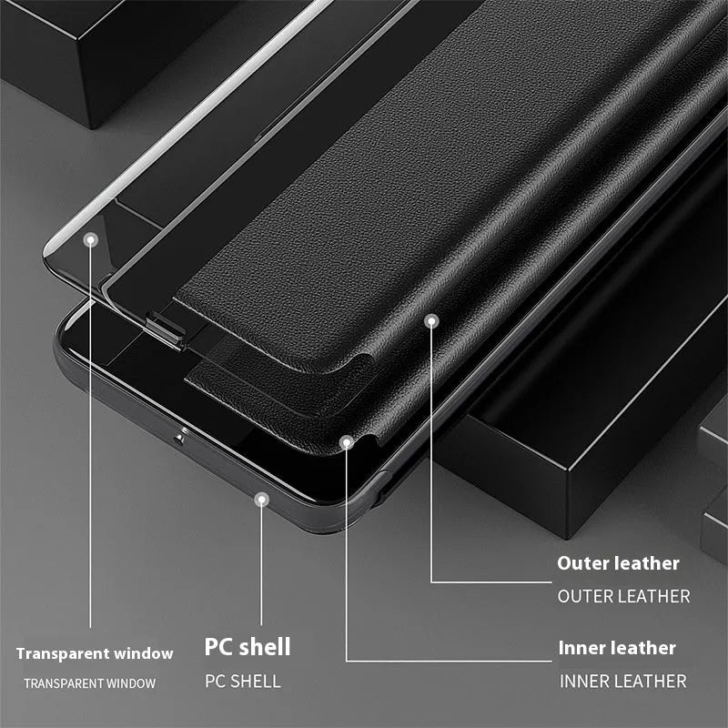 Huawei phone case with magnetic side window, flip bracket, PC leather, Chinese red colour, for Mate 60