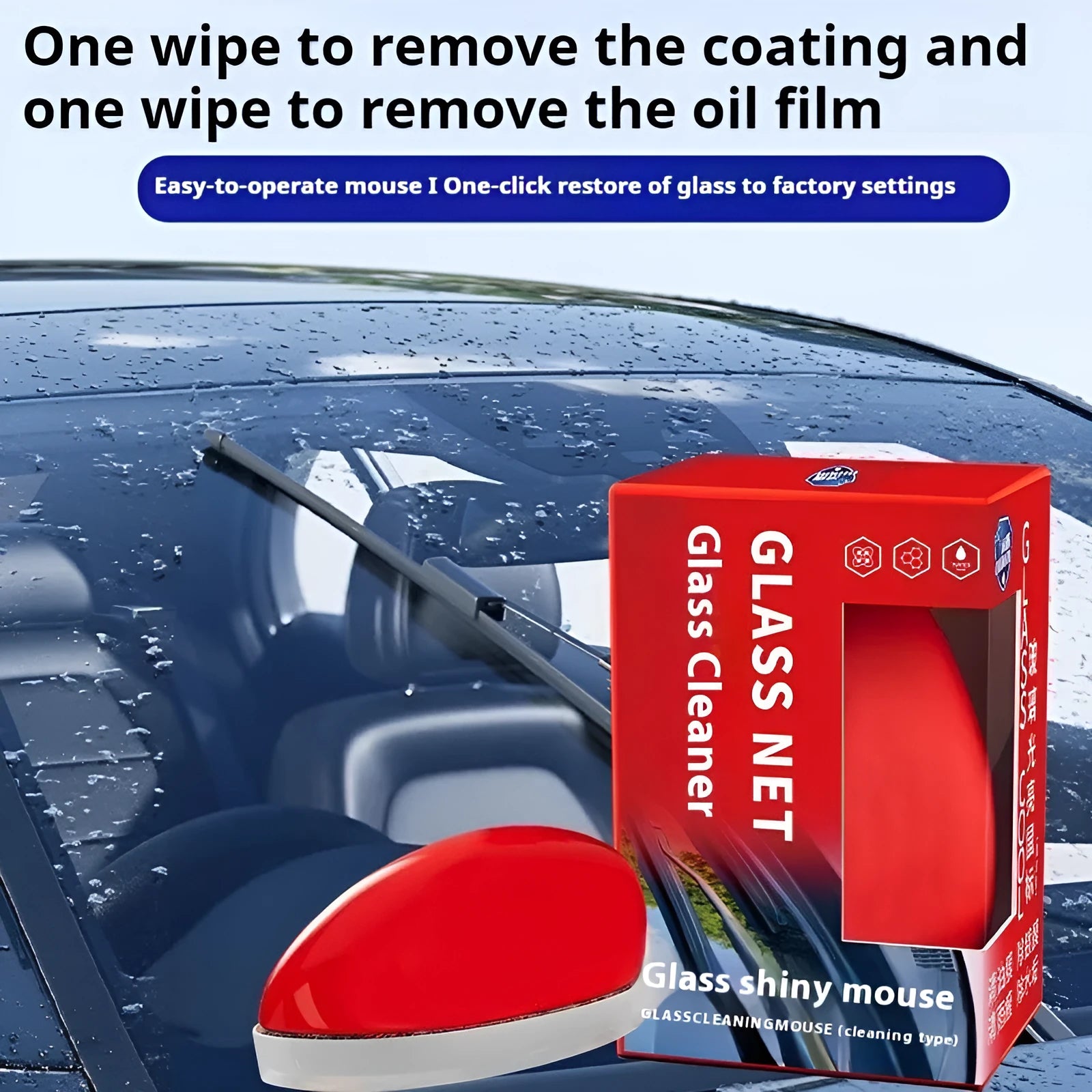 Car Glass Bright Mouse oil film remover with black applicator and polish cloth on glass surface