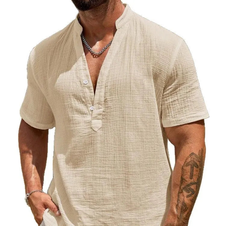 Men's solid colour short-sleeved casual shirt with a stand collar, shown in a light blue colour.