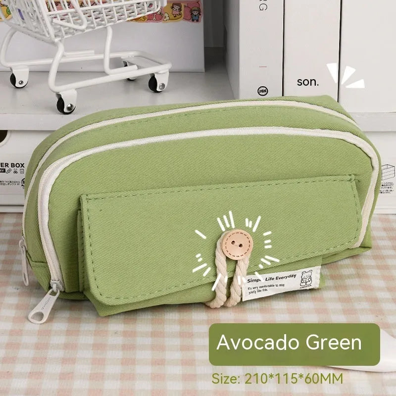 Canvas button pencil case in green, beige, blue or grey with capacity for 80 pens