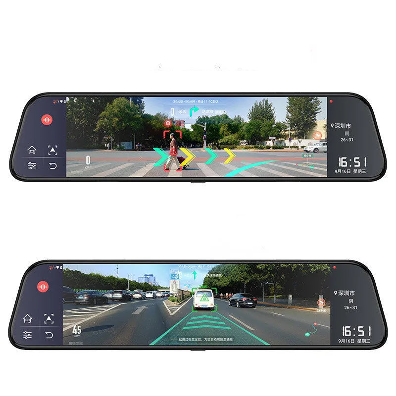 12-inch touchscreen rearview mirror tachograph with dual camera lenses for car recording and GPS navigation