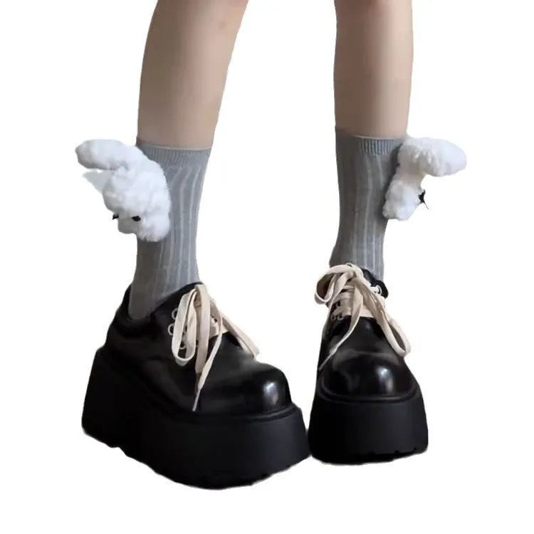 Women's matte black retro lace-up shoes with a thick rubber sole and chunky 6-8cm muffin heel.