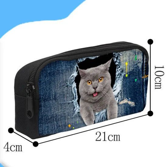 Customised pattern polyester pencil case with large opening and zipper, dimensions 10 by 21 by 4 cm