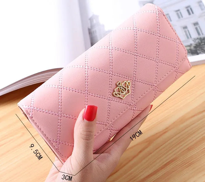 Embroidered crown PU leather tri-fold wallet for women with cross pattern and draw buckle closure
