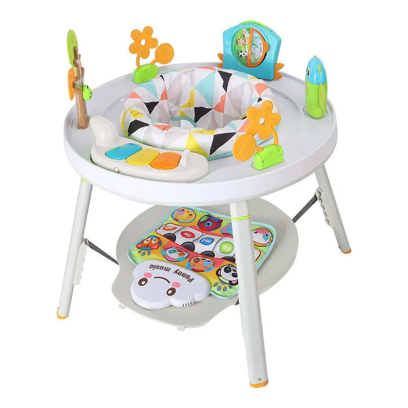 Baby jumping chair activity centre with bouncing frame and interactive toys in duck design.