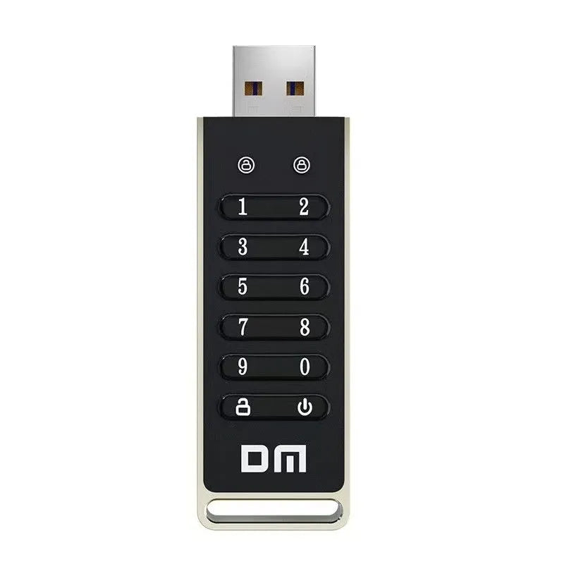 Metal encrypted USB flash drive with fingerprint sensor showing 64GB capacity and USB 3.0 connector