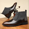 Brown retro men's formal shoe with side zip, square toe, and low square heel on a plain background.