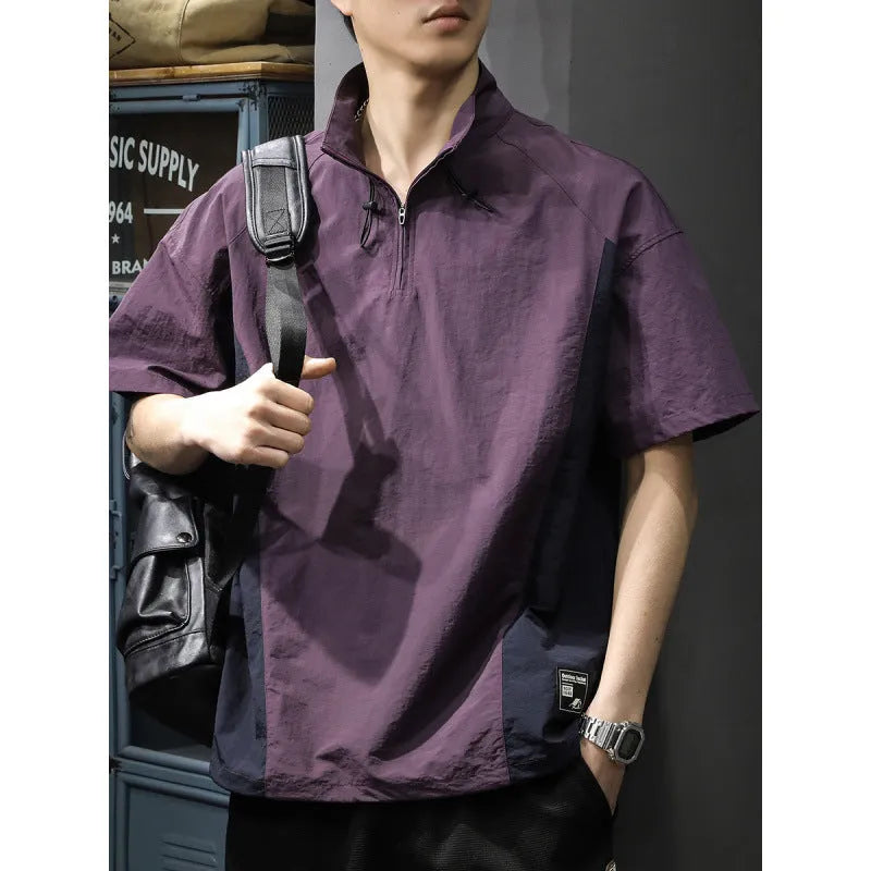 Brown men's half-zip stand collar short sleeve shirt with a fleece lining.