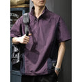 Brown men's half-zip stand collar short sleeve shirt with a fleece lining.