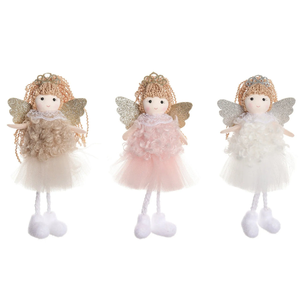 Close-up of a girl's cloth Christmas angel hair pendant clip in white, shown on a high ponytail.