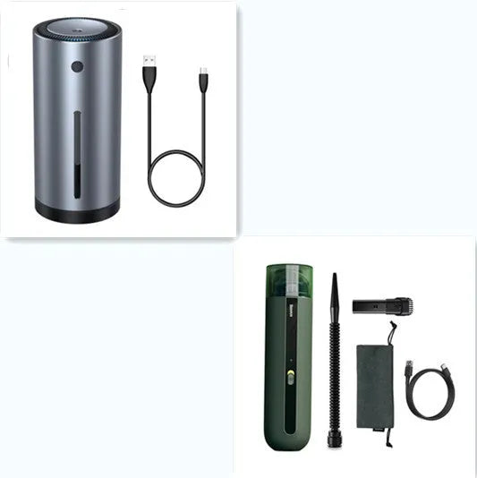 Starry sky black handheld cordless car vacuum cleaner with blowing hose accessory on a desktop.