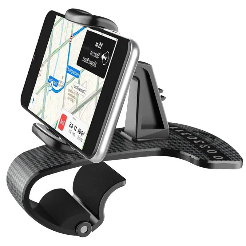 Black adjustable car phone holder with 360-degree rotation on vehicle dashboard