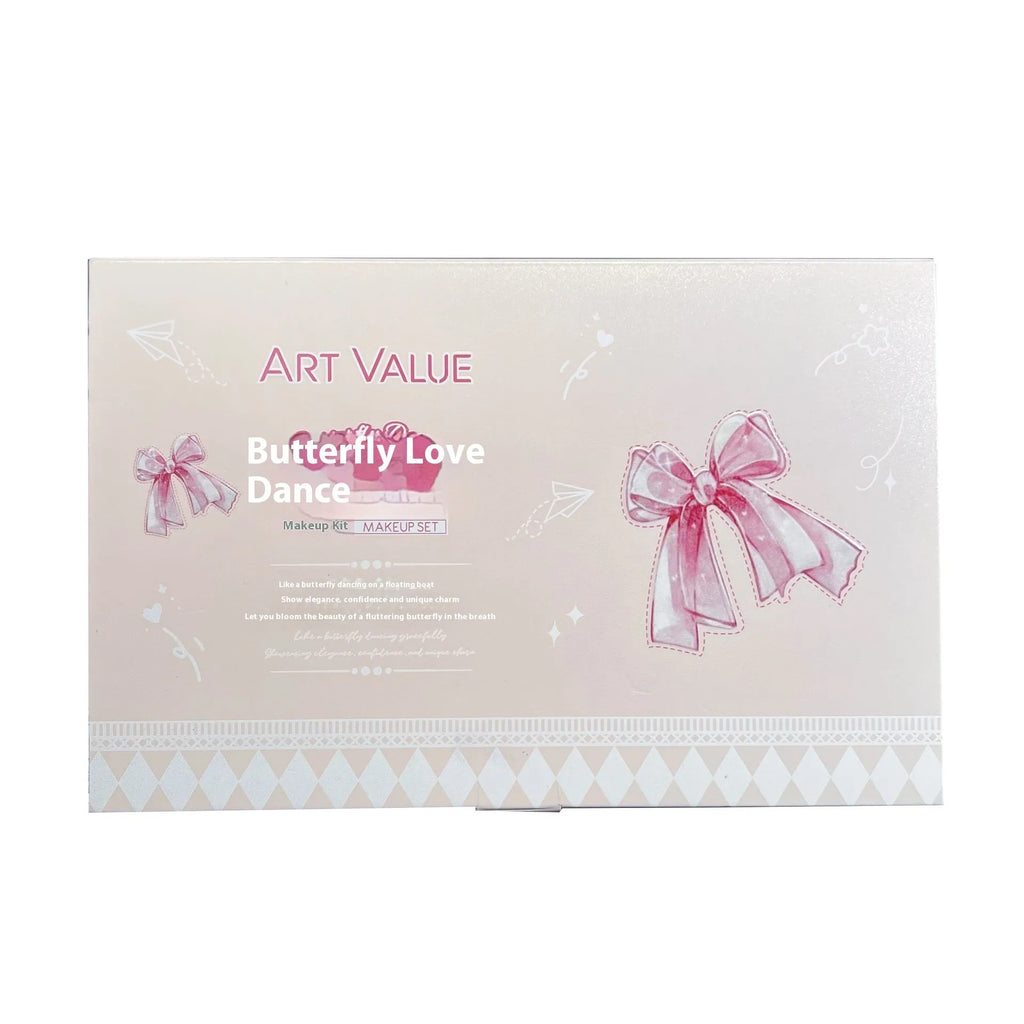 Butterfly Box makeup set showing pink lip mud, powder blusher, and necklace
