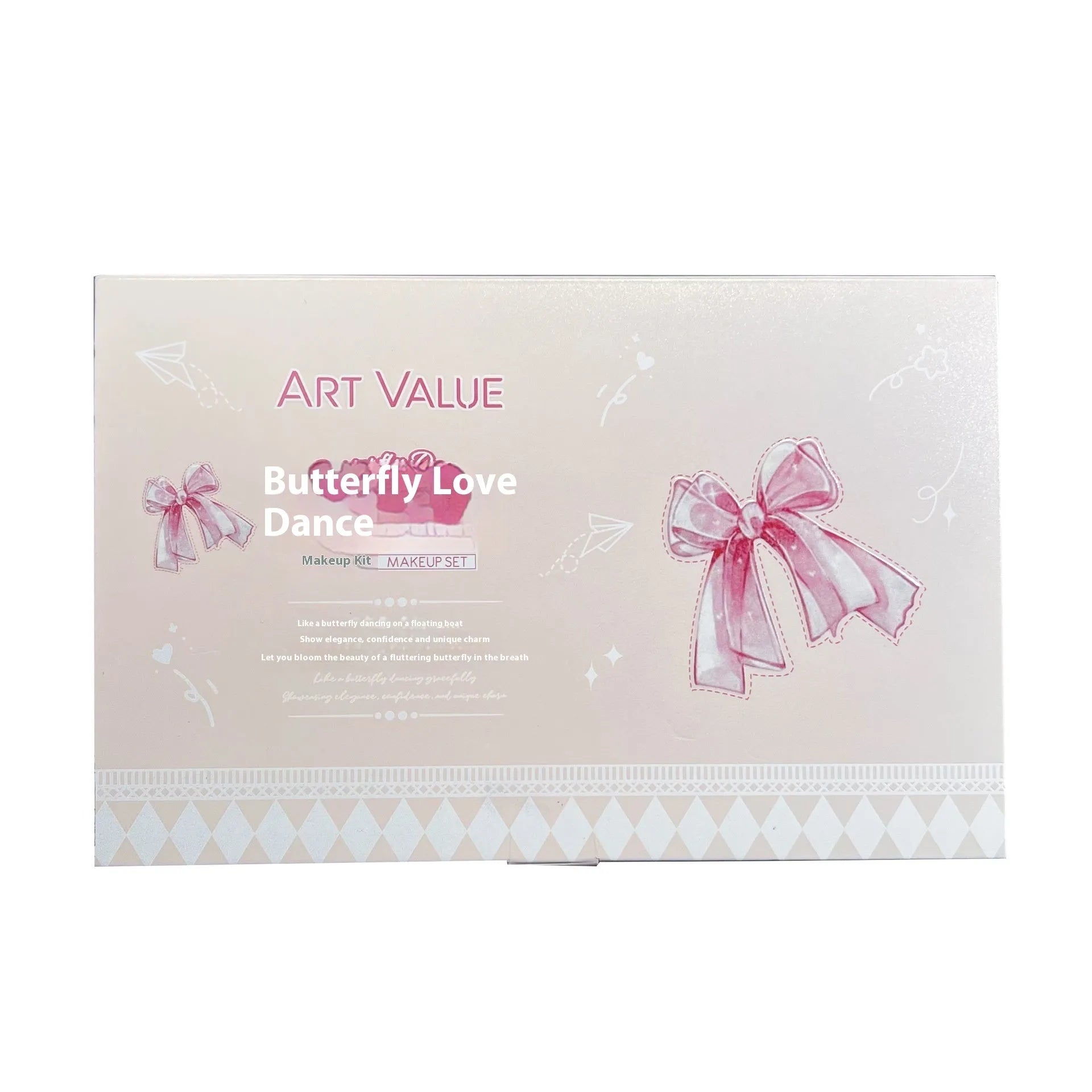 Butterfly Box makeup set showing pink lip mud, powder blusher, and necklace