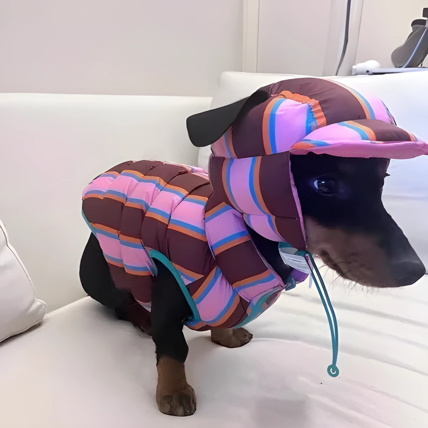 Dirty pink striped pet vest with matching hat for autumn and winter wear