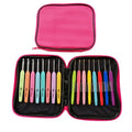 Set of 16 crochet hooks in various sizes with two handle types, stored in a grey PU zip bag.