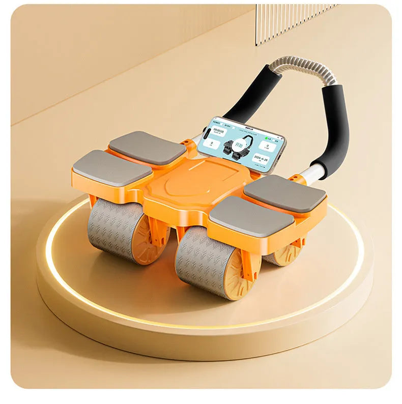 Black and blue four-wheel automatic rebound abdominal roller on a wooden floor
