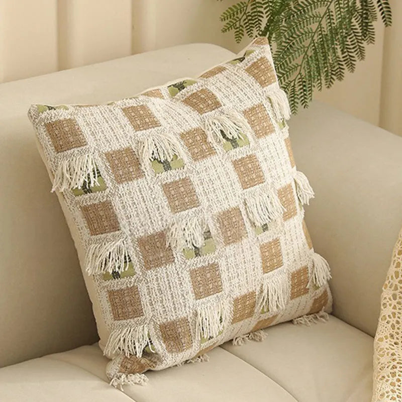 Close-up of a textured jacquard floral pillow cover in a 45cm square size, showcasing yarn-dyed pattern details.