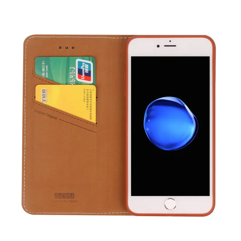 Black PU leather wallet phone case for iPhone with multiple card slots open.