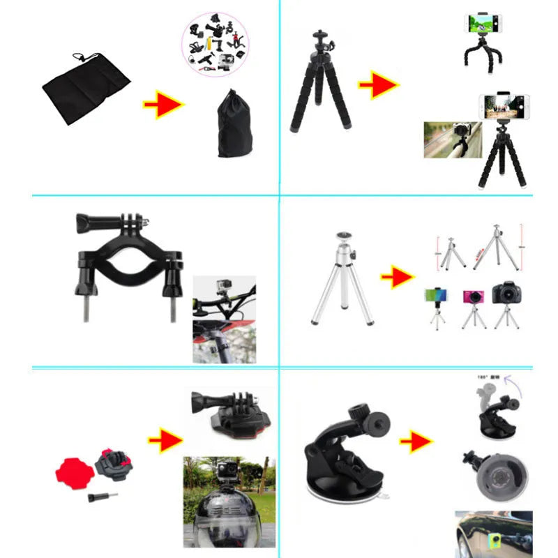 Black sports camera accessories set with mounts, straps, tripods, and 144 anti-fog films on display