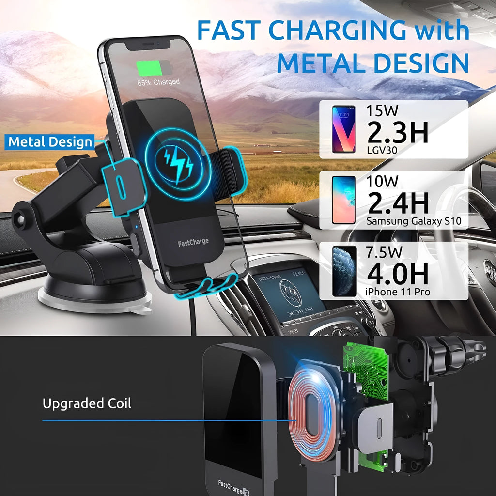 Black car wireless charging stand mounted on dashboard with phone charging