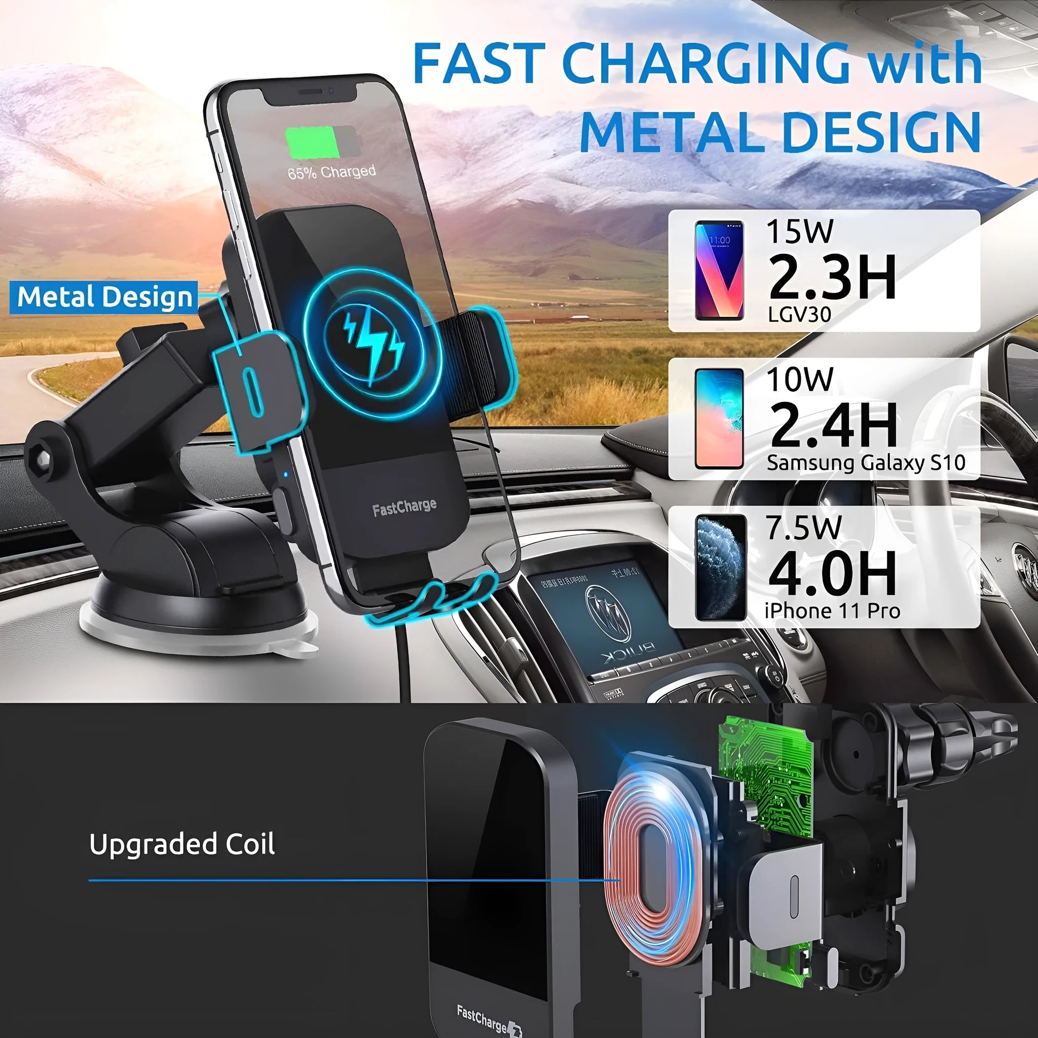 Black car wireless charging stand mounted on dashboard with phone charging