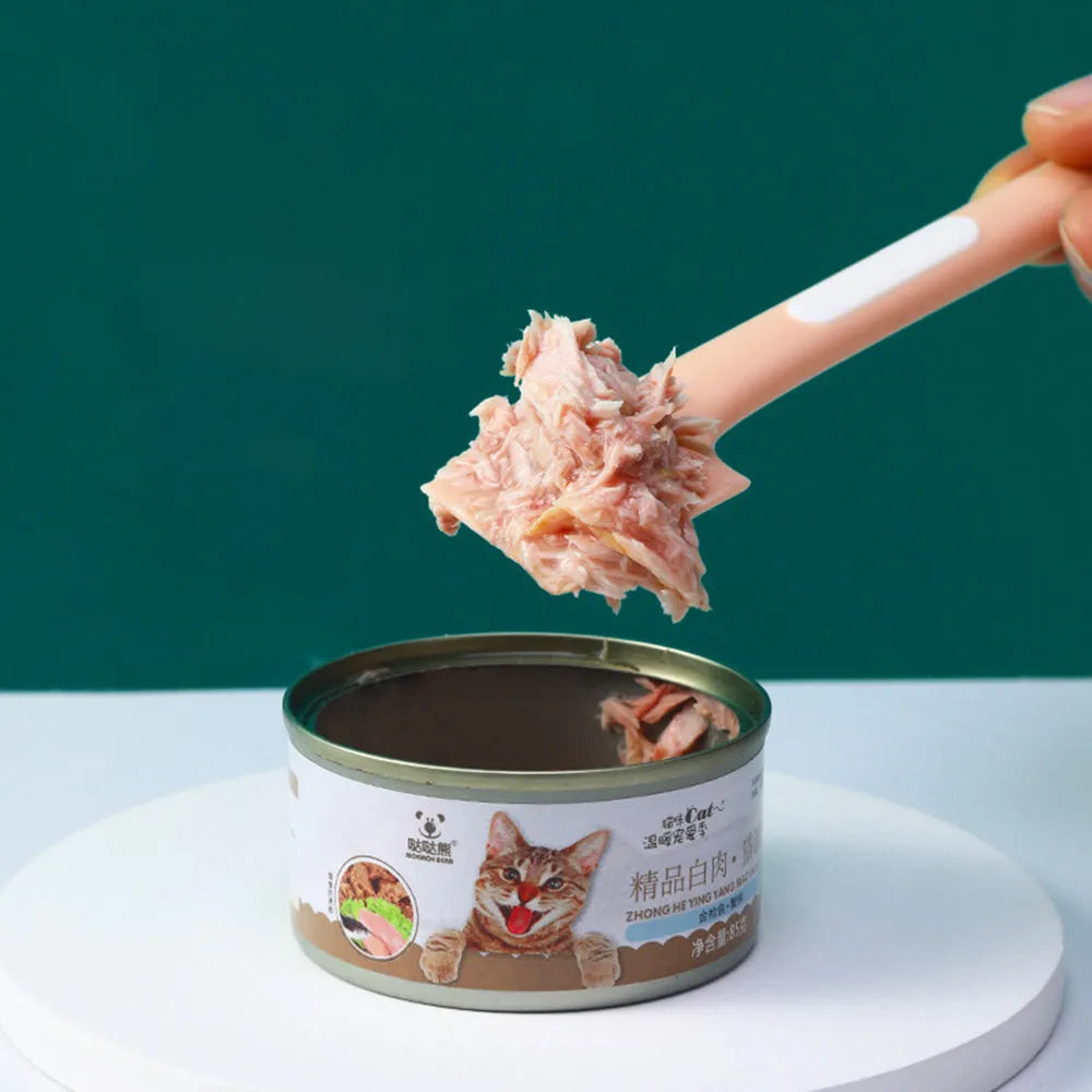 Pet feeding spoon with long handle and right-angle scraper for cat dog wet food cans