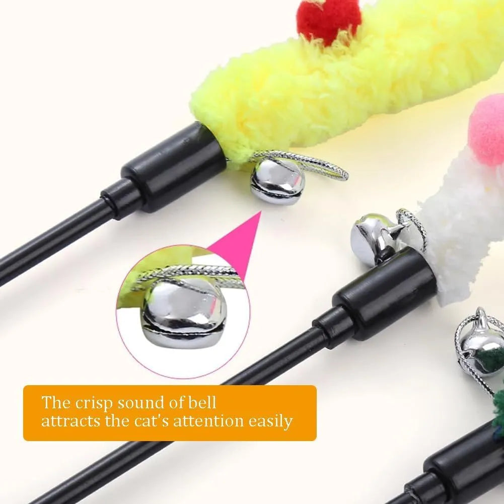 Colourful cat wand toy with long plush strip, fluffy ball, and bells on 41cm pole