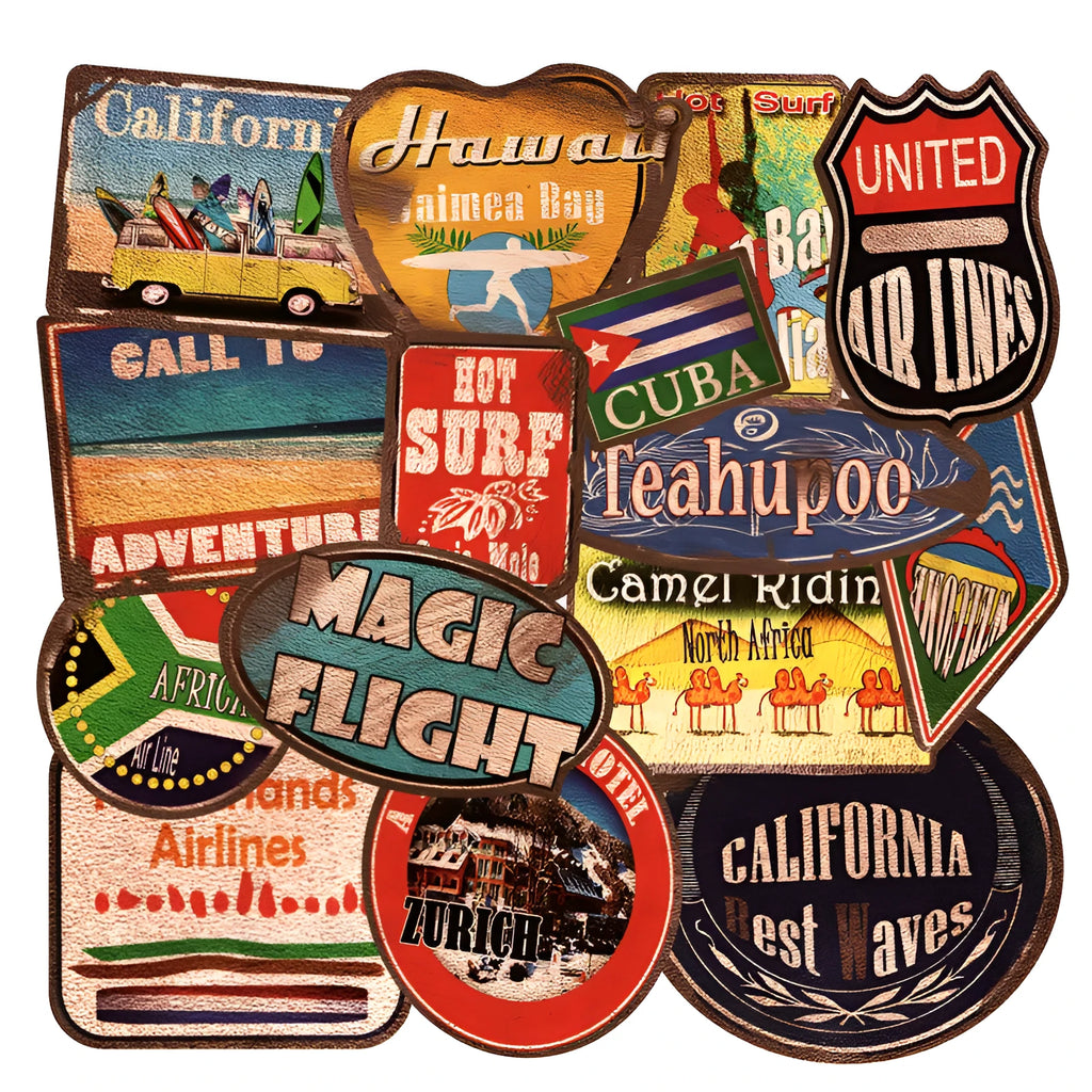 36 piece set of large retro beach stickers measuring 6-10cm with surfing designs on PVC material