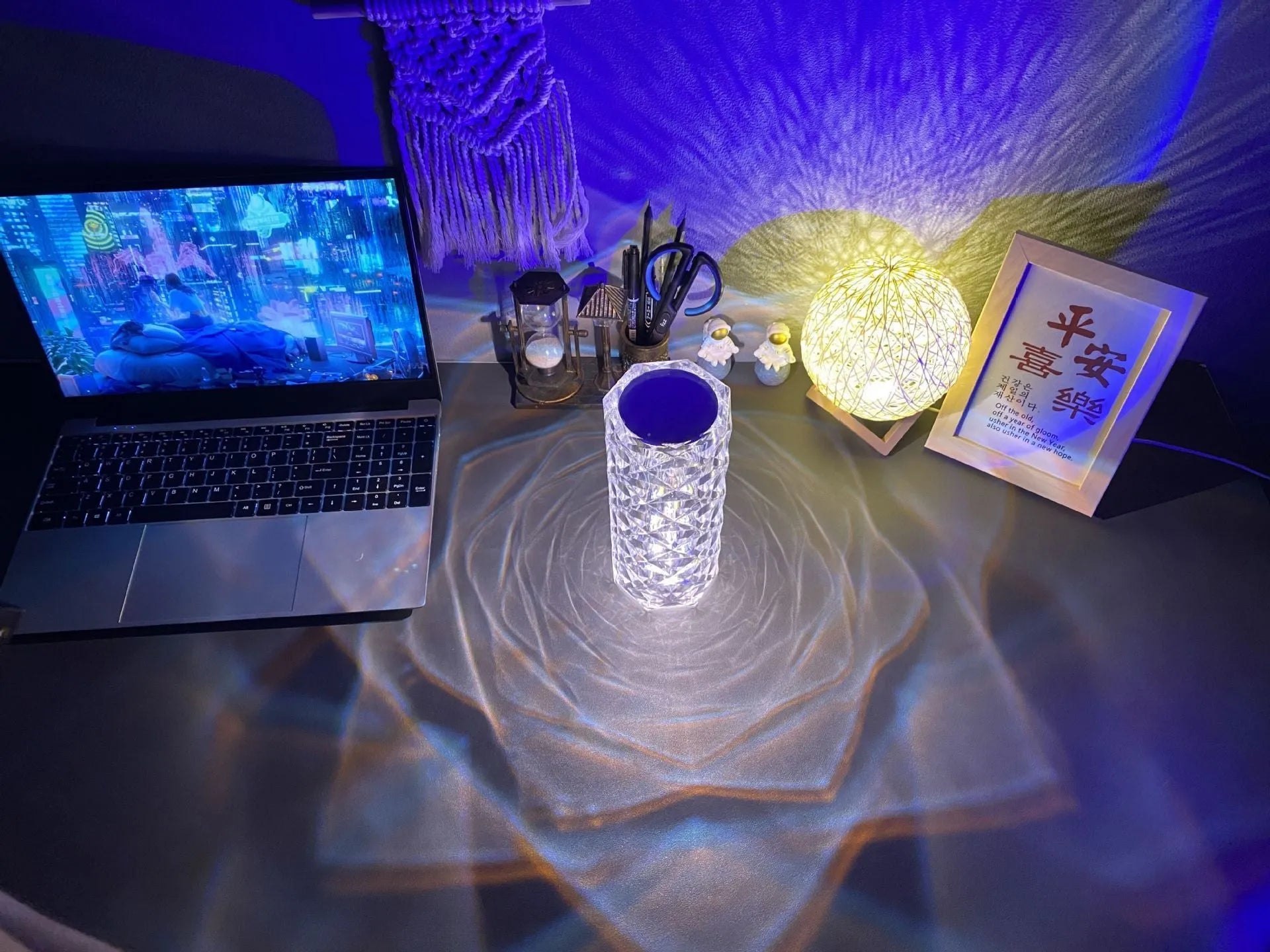 LED crystal rose diamond table lamp with PAMA acrylic construction showing three-tone lighting options