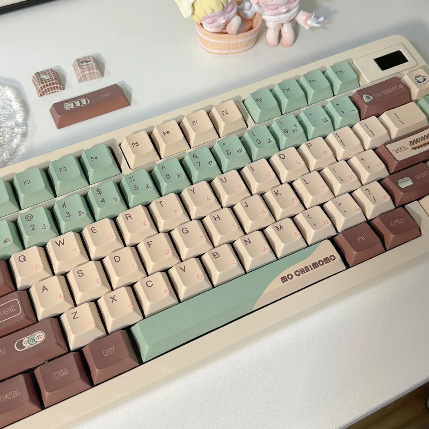 CAP Adaptive Cross Satellite Shaft mechanical keyboard keycap set in Matcha Theme colour with keycap puller.
