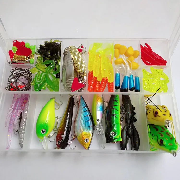 Fishing lure collection showing metal hard mino baits with sequins, plastic lures, fishhooks and fishing pliers
