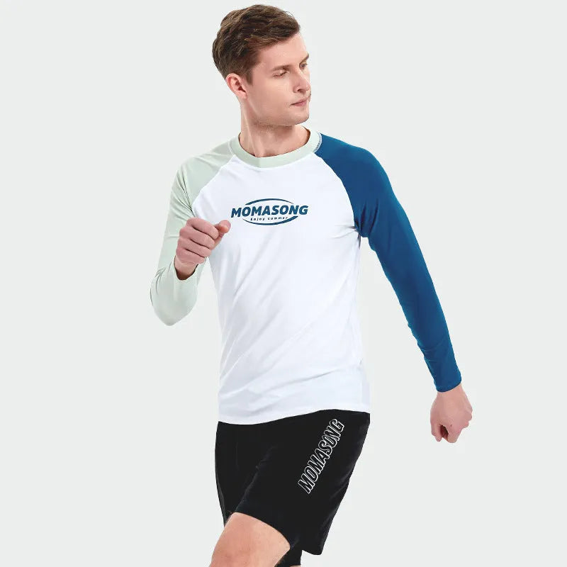 Men's white long sleeve swim top and matching blue swim trunks set for beach sports