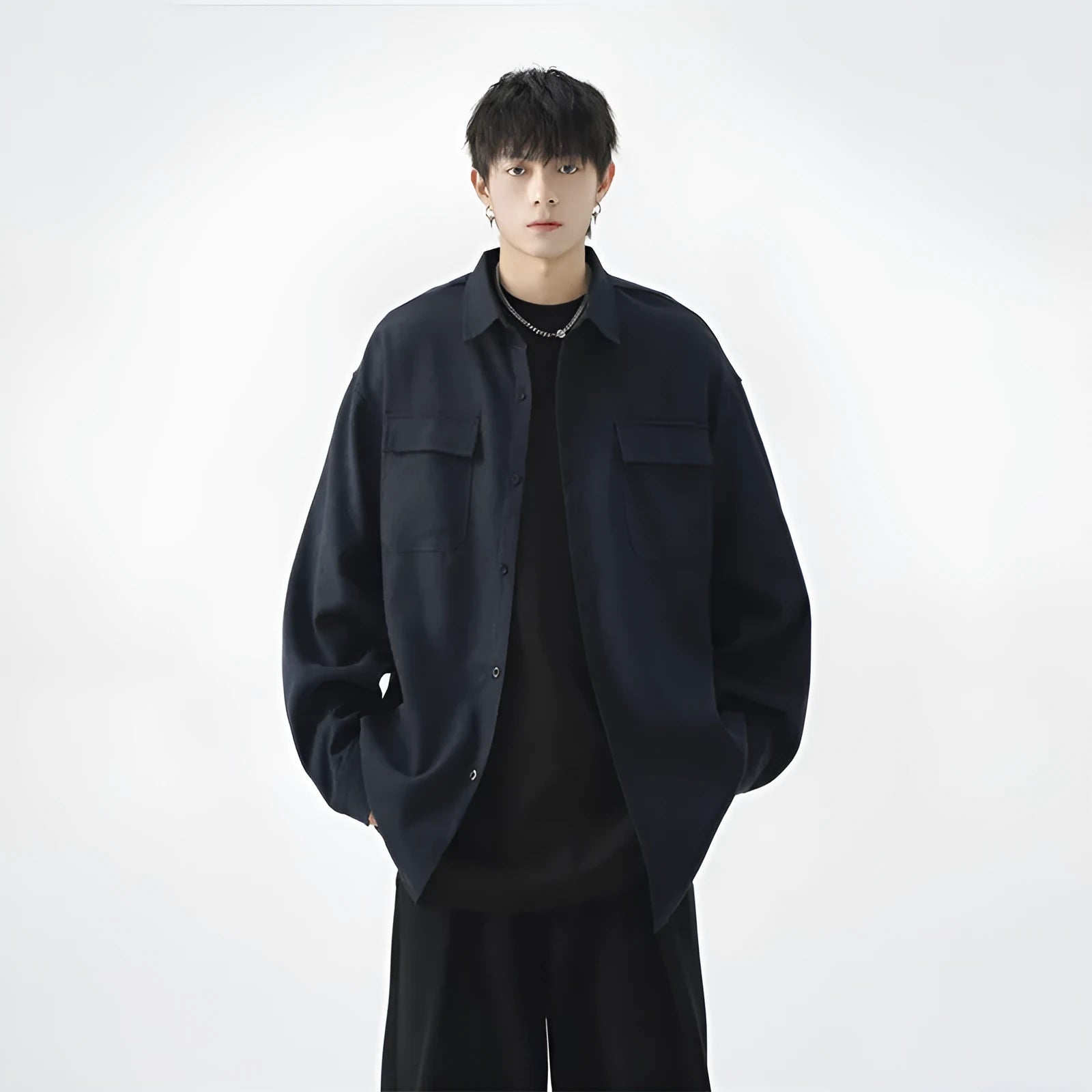 Men's loose casual work shirt jacket in black, long sleeve, regular thickness, synthetic fibre blend