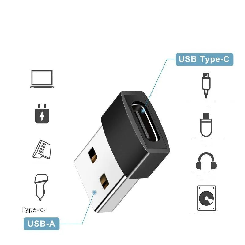 USB to Type-C adapter showing Type-C female and USB male connectors in black colour option