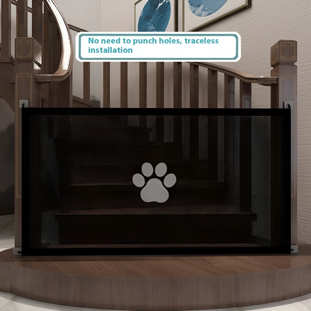 Folding dog safety barrier net fence with pet doorsill design and plastic rod support