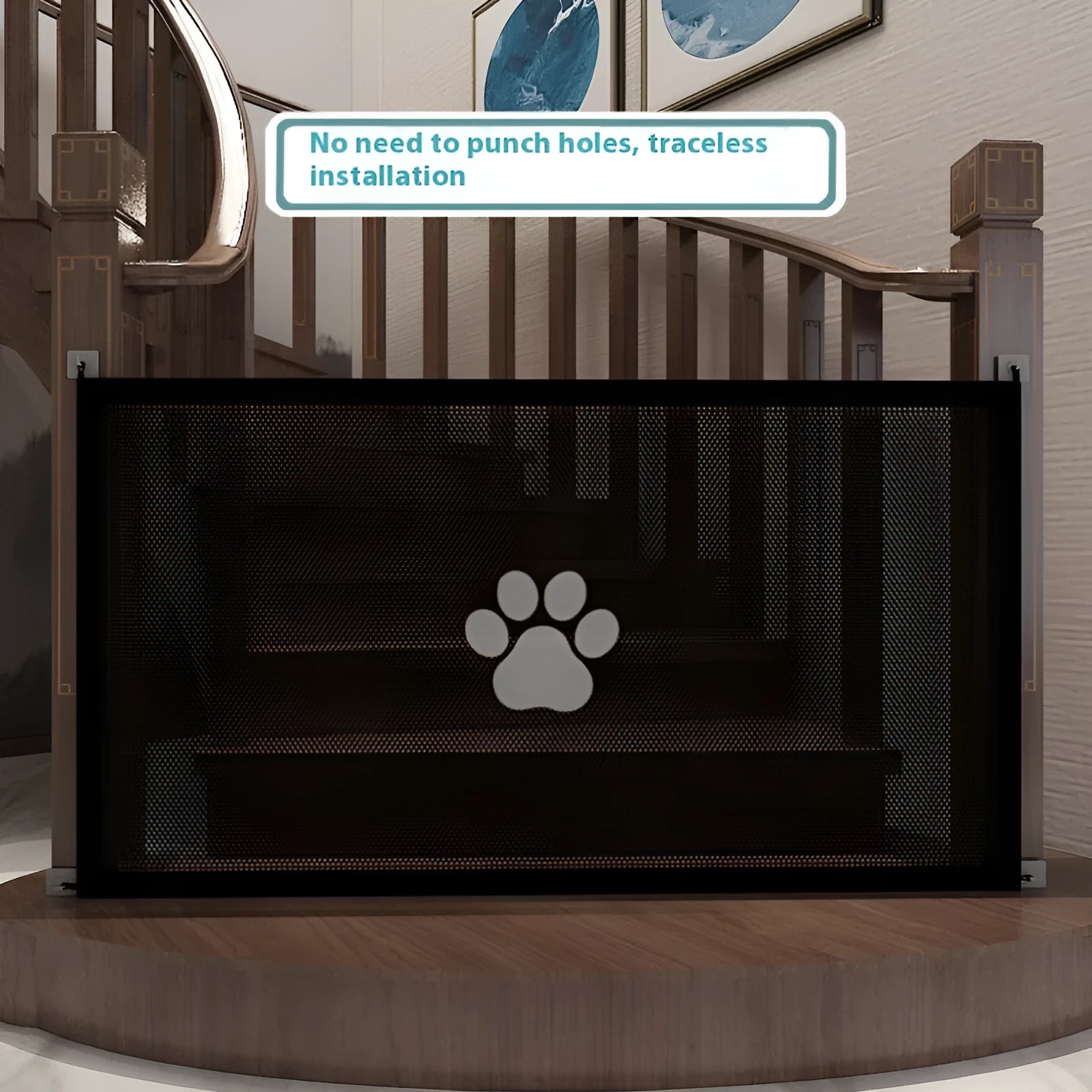 Folding dog safety barrier net fence with pet doorsill design and plastic rod support