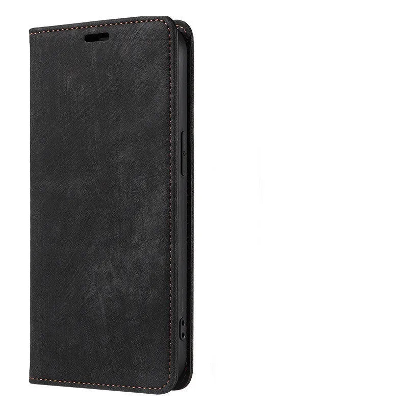 Magnetic flip phone case for iPhone in leather and TPU, shown closed with secure magnetic clasp.