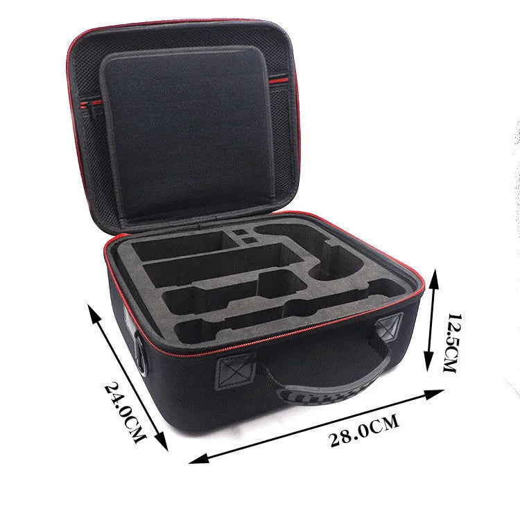 Black EVA hard shell game console accessory storage bag shown in two size options.