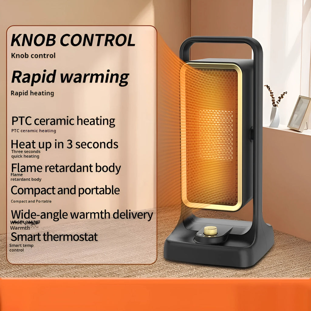 Black desktop PTC ceramic air heater with control knob, measuring 14.9cm wide by 33.5cm high.