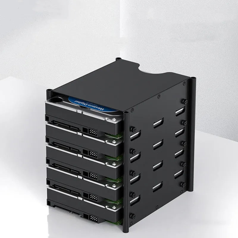Black metal 5-layer hard drive storage bracket for 3.5-inch disks with screwdriver and screws on a desk