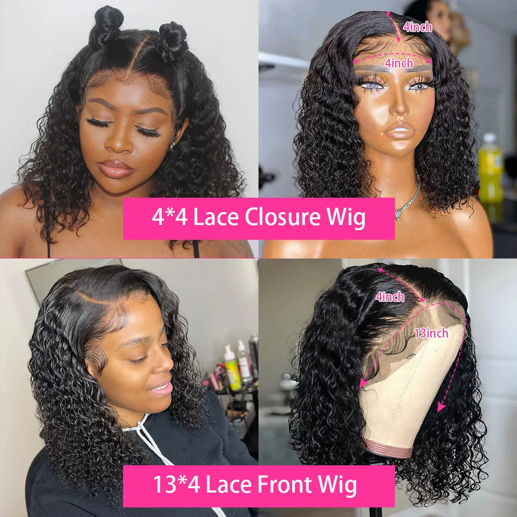 Short Brazilian human hair curly bob wig with lace front, 10A quality, natural black colour