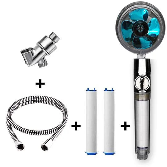 Blue handheld shower head with stop button and turbo nozzle on a chrome bracket.