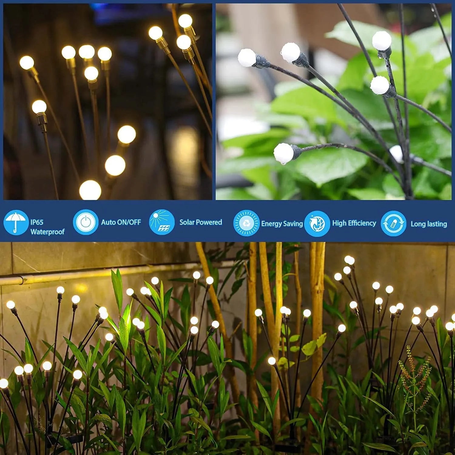 Solar-powered LED garden spike light with multiple firefly-like heads and a push-in pneumatic ground plug.
